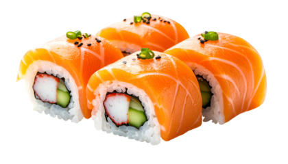 Close-up of four sushi rolls with salmon, crab, cucumber, and rice. Sprinkled with greens