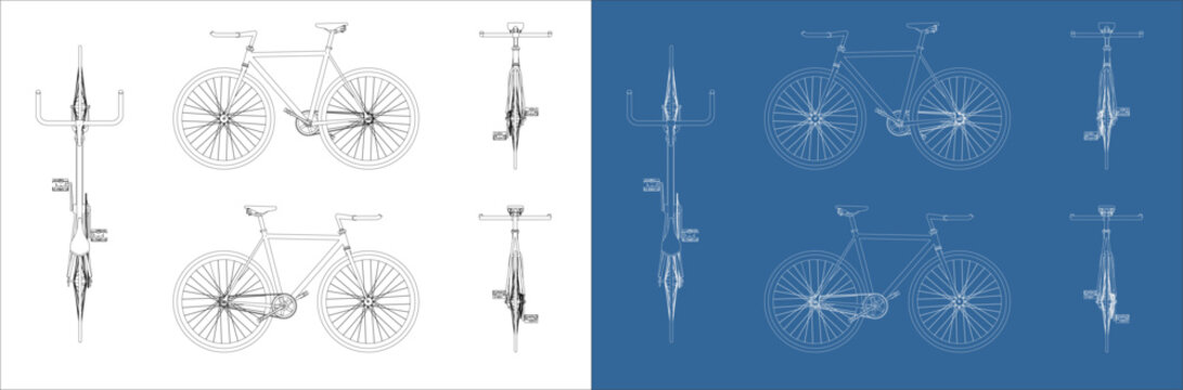 Top and Front View Technical Plan Layout of Fixed Gear Bicycle