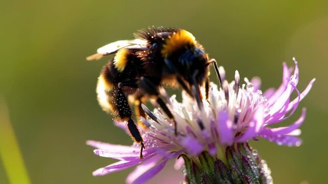 Fuzzy bumblebee drinking from a purple flower in a field with dew drops glittering on petals