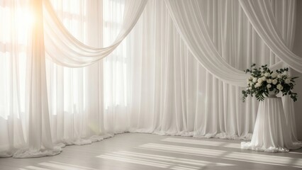 Elegant White Wedding Studio Background with Chiffon Drapes and Floral Arrangement in Natural Light