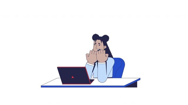Nervous latina office worker trembling at laptop 2D character animation. Frightened female employee shaking covering mouth in anxiety animated person cartoon 4K video isolated on white transparent