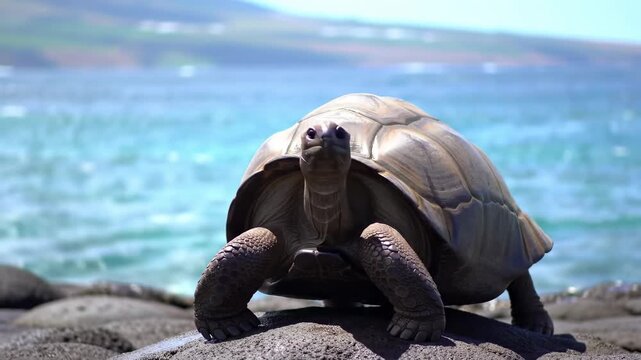 Gal?pagos tortoise portrait, facing forward with ocean backdrop on stony surface, sunny