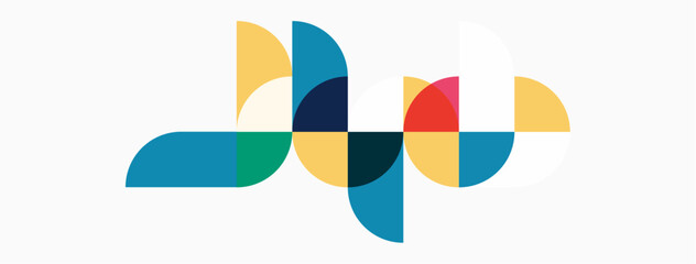 Abstract design features colorful overlapping semicircles. Shapes create flowing, connected pattern. Minimalist aesthetic, clean background.