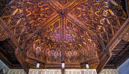 Intricate Mudejar Wooden Ceiling Carving and Geometric Patterns in Historical Spanish Architecture