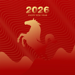 Happy New Year 2026 Red Background with Horse Silhouette and Elegant Oriental Pattern