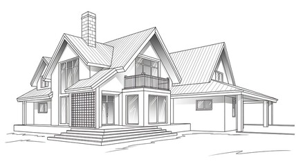 Architectural Drawing of Modern House with Balcony and Carport Detailed Black and White Sketch for Design Purposes