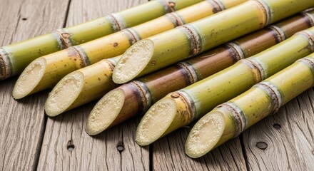 Sugarcane stalks on wooden table for culinary or biofuel use