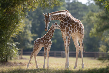 Obraz premium Giraffe calf learning to walk beside mother in natural outdoor environment with soft sunlight and green trees in background creating peaceful and tender moment