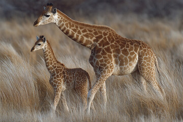 Obraz premium Giraffe calf walking beside mother in dry grassland with warm natural light, showing animal bond and wildlife in natural habitat with detailed fur pattern and tall necks