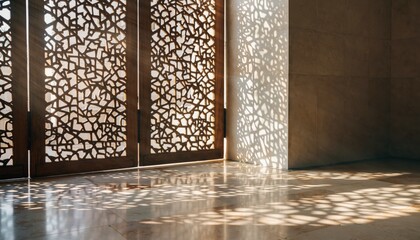 Sunlit Wooden Geometric Screen Casting Ornate Shadows on Marble Floor