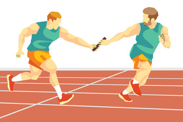 Obraz premium Two male athletes exchanging a baton during a relay race on a running track. A moment of teamwork and precision.