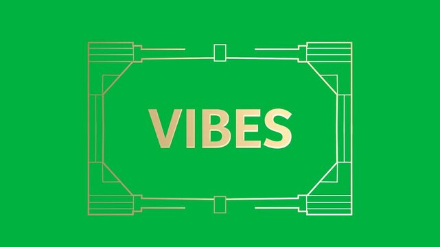 Animation of gold text vibes, in decorative gold frame, on black background