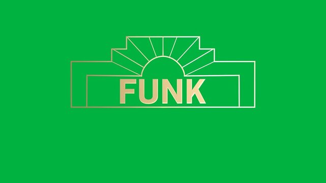 Animation of gold text funk, in decorative gold frame, on black background