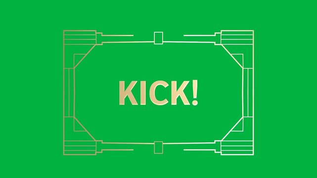 Animation of gold text kick, in decorative gold frame, on black background