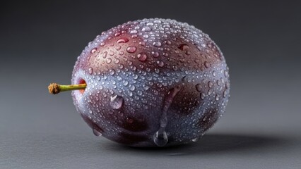Macro shot of a vibrant, freshly washed plum with glistening water droplets capturing natural