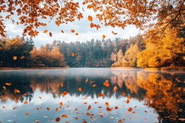 A serene autumn landscape with a calm lake reflecting the vibrant colors of the surrounding trees and sky, creating a peaceful atmosphere.