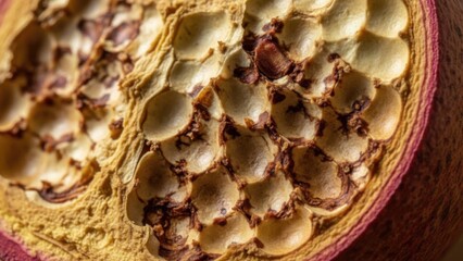 Intricate macro view of a desiccated pomegranate interior showcasing empty aril chambers and