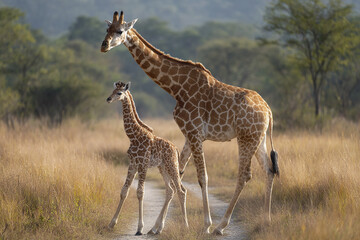 Obraz premium Giraffe calf learning to walk beside mother in natural savannah habitat with dry grass and trees under soft daylight, showing tender bond and gentle movement in wildlife scene