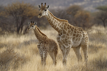 Obraz premium Giraffe calf learning to walk beside mother in dry grassland with blurred trees in background, showing natural wildlife bond and gentle animal behavior