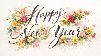 Obraz premium Happy New Year calligraphy with romantic floral wreath on watercolor paper texture