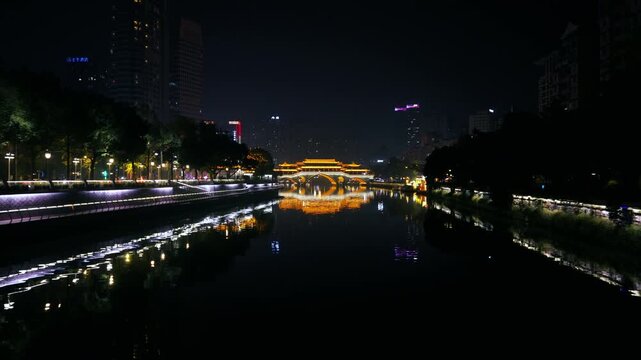 Flyover Towards Anshun Bridge Across The Jin River (Jinjiang River) In Chengdu, Sichuan Province, China. Aerial Drone Shot