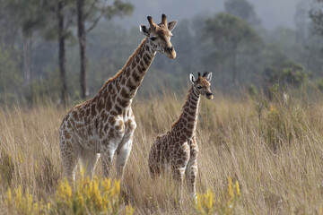 Obraz premium Giraffe calf learning to walk beside mother in tall dry grassland with blurred trees in background under soft natural light