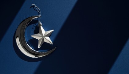 Silver Crescent Moon and Star Ornament on Dark Blue Background with Dramatic Light and Shadow