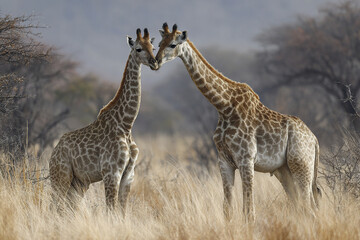 Two young giraffes gently touching heads in dry savanna grassland with blurred trees in background, showing tender moment in their natural habitat