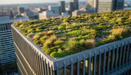 Green Roof Garden on Modern Skyscraper with Blurred Cityscape Background