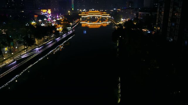 Aerial View Of Anshun Bridge Over The Jinjiang River At Dusk In Chengdu, Sichuan, China.