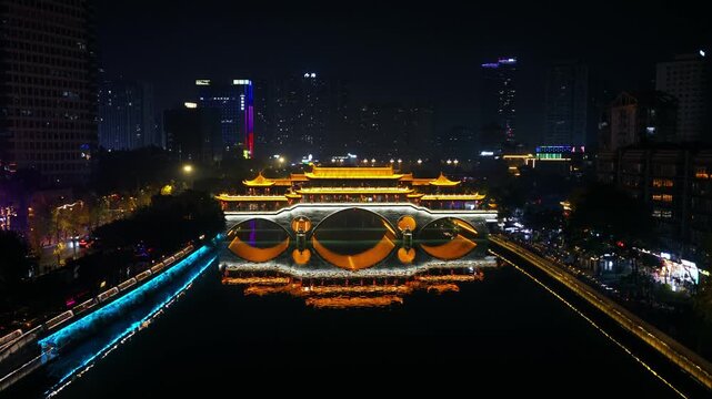 Night View Of The Anshun Bridge In Chengdu, The Capital Of Sichuan Province, China. Aerial Shot
