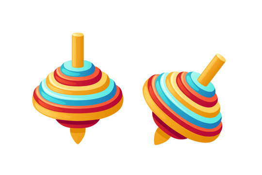 Colorful spinning tops set. Two whirligigs with rainbow stripes in red, orange, yellow, green, and blue. Traditional toy design with orange handle. Classic children game element. Vector illustration