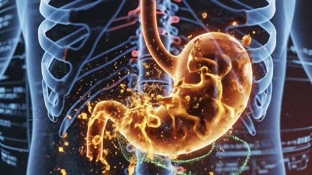 Anatomical Visualization of Human Stomach and Skeletal System on Dark Background With Highlighted Digestive Organ and