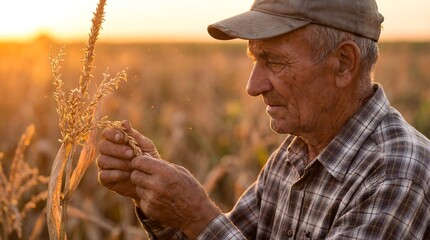Dedicated senior farmer inspects his corn crop with care and experience under the warm, golden light of dawn or dusk, reflecting hard work and the agricultural harvest