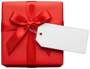 Top view of a red gift box with a blank white tag and satin ribbon bow on transparent background
