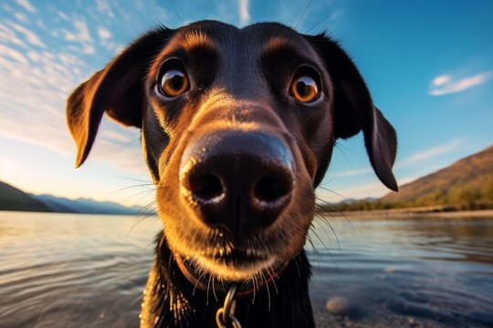 Dog's funny wet face close up with wide angle lens by the water outdoors
