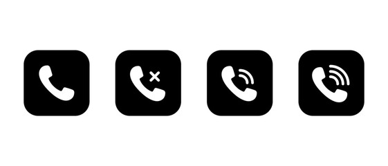 Phone call ring icon set in black square. Ringing handset symbol