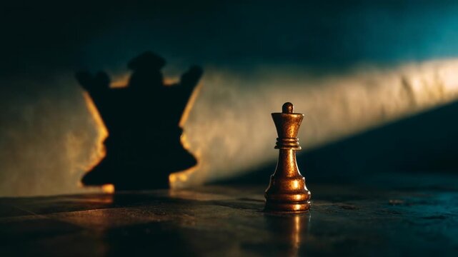 Chess king stands illuminated while blurred fallen pieces suggest strategy victory leadership and decisive success in competitive business or life game