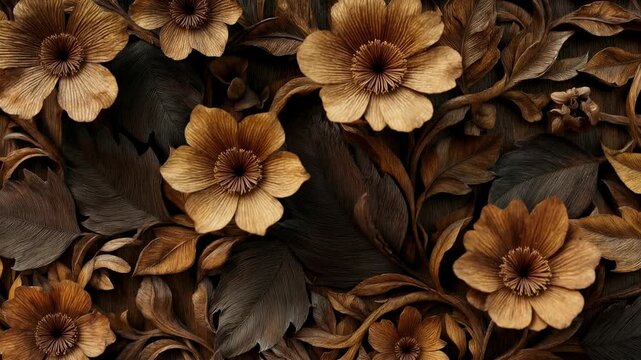 Intricate carved wooden floral pattern fills frame with detailed petals and leaves creating luxurious decorative background for classic interior design