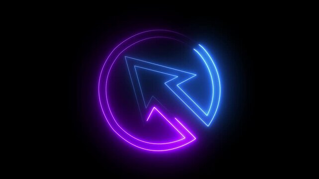 glowing neon directional squiggly arrow icon animation on black background.4k motion video animation.