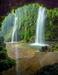 Stunning View of Benang Stokel Waterfall in Lombok, West Nusa Tenggara, Indonesia During Daytime...