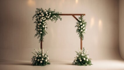 Minimalist Wooden Wedding Arch with White Rose Floral Decor on Neutral Studio Background