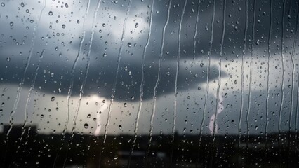 Raindrops cascading down a window pane during a tempestuous storm with a dark, brooding sky