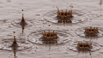 Dynamic liquid crowns forming intricate patterns in a rippling brown fluid surface captured in