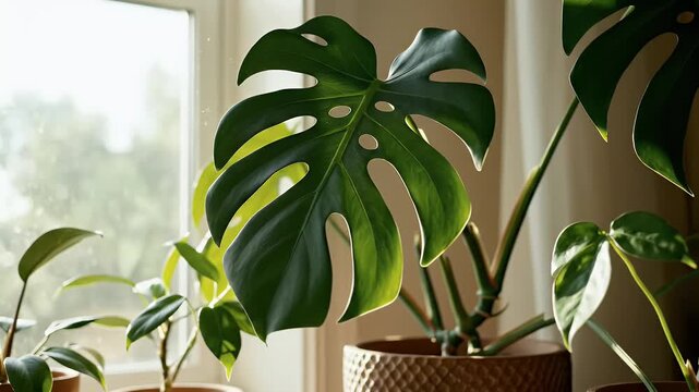 Indoor plant corner with potted houseplant near window for home interior background