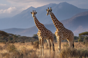 Obraz premium Two giraffe standing in dry grassland with mountain range in background under cloudy sky, natural wildlife scene with warm sunlight creating peaceful atmosphere