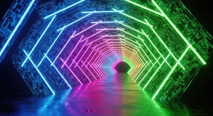 Vibrant neon tunnel with colorful lights and circuit board patterns
