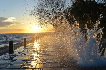 A serene beach scene at sunset, with waves crashing against the shore and a wooden pier extending into the water.