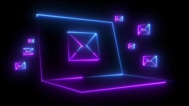 neon message icon animation with black background. message icon concept. Glowing email icon on a laptop screen. Message mail box.4k motion video animation.