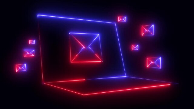 neon message icon animation with black background. message icon concept. Glowing email icon on a laptop screen. Message mail box.4k motion video animation.